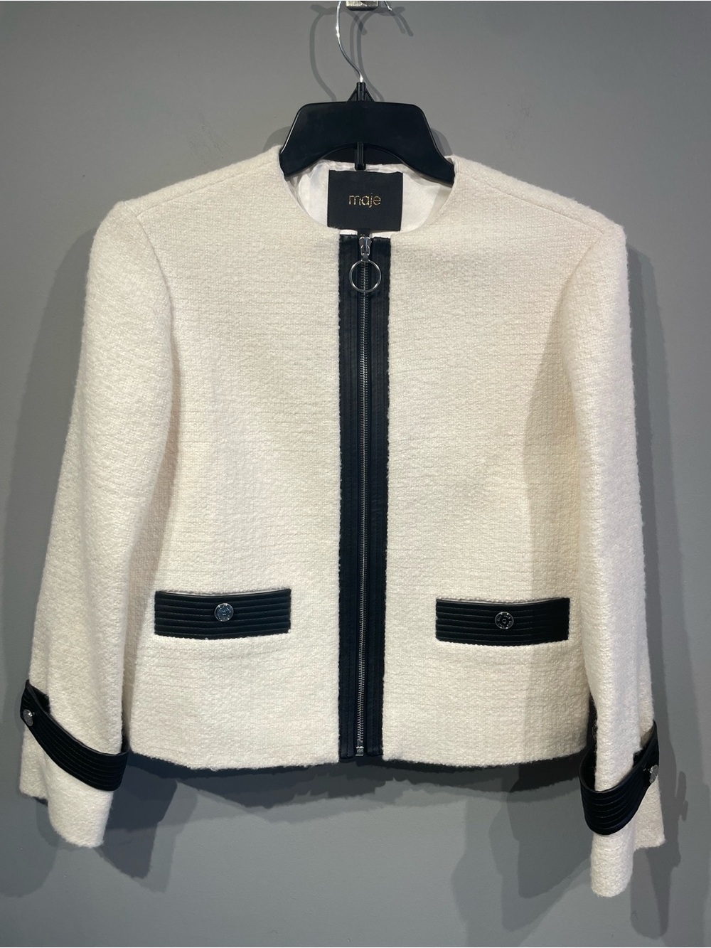 Maje Ivory Tweed Zip Jacket with Black Trim size 40 Excellent condition